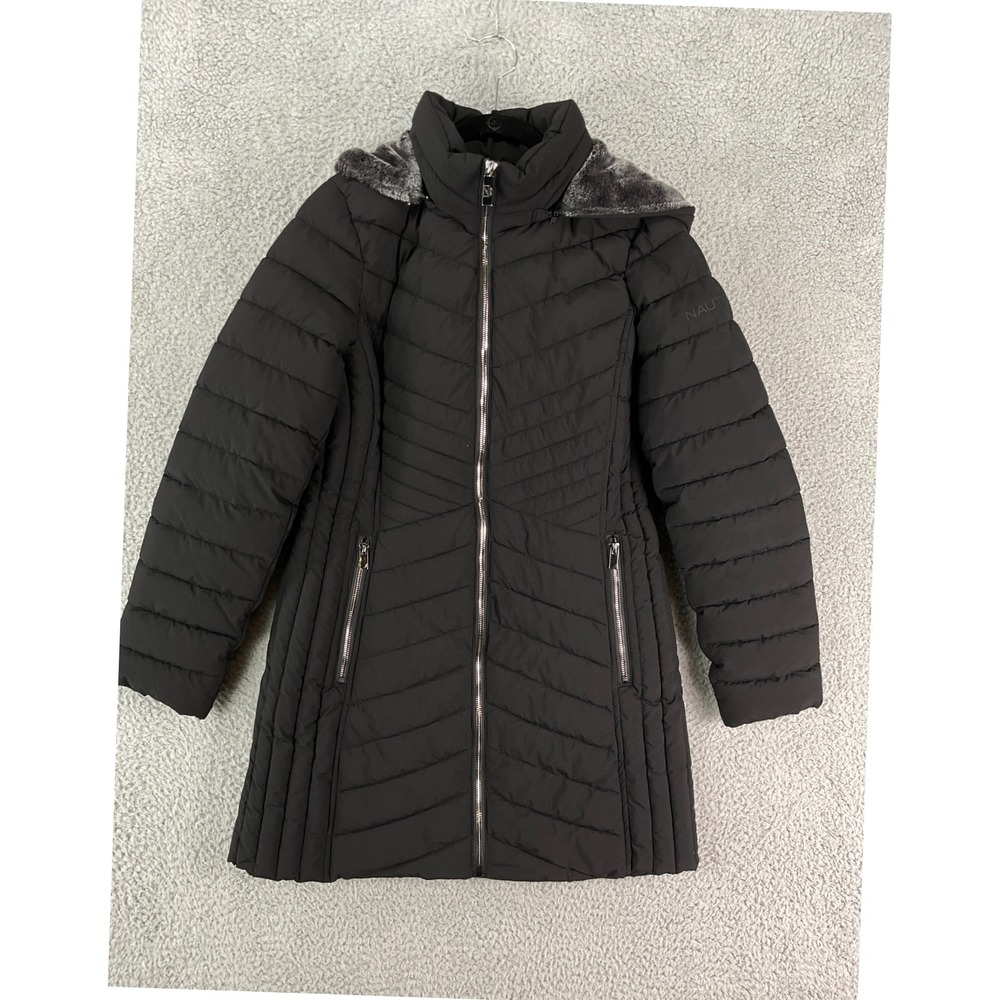 Nautica Puffer Jacket Women Medium Black Detachable Hood Water Resistant Parka